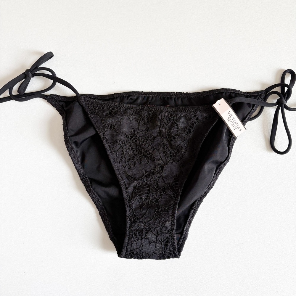 NWT Victoria's Secret Womens Black Floral Lace Side Tie Teeny Bikini Bottom S
